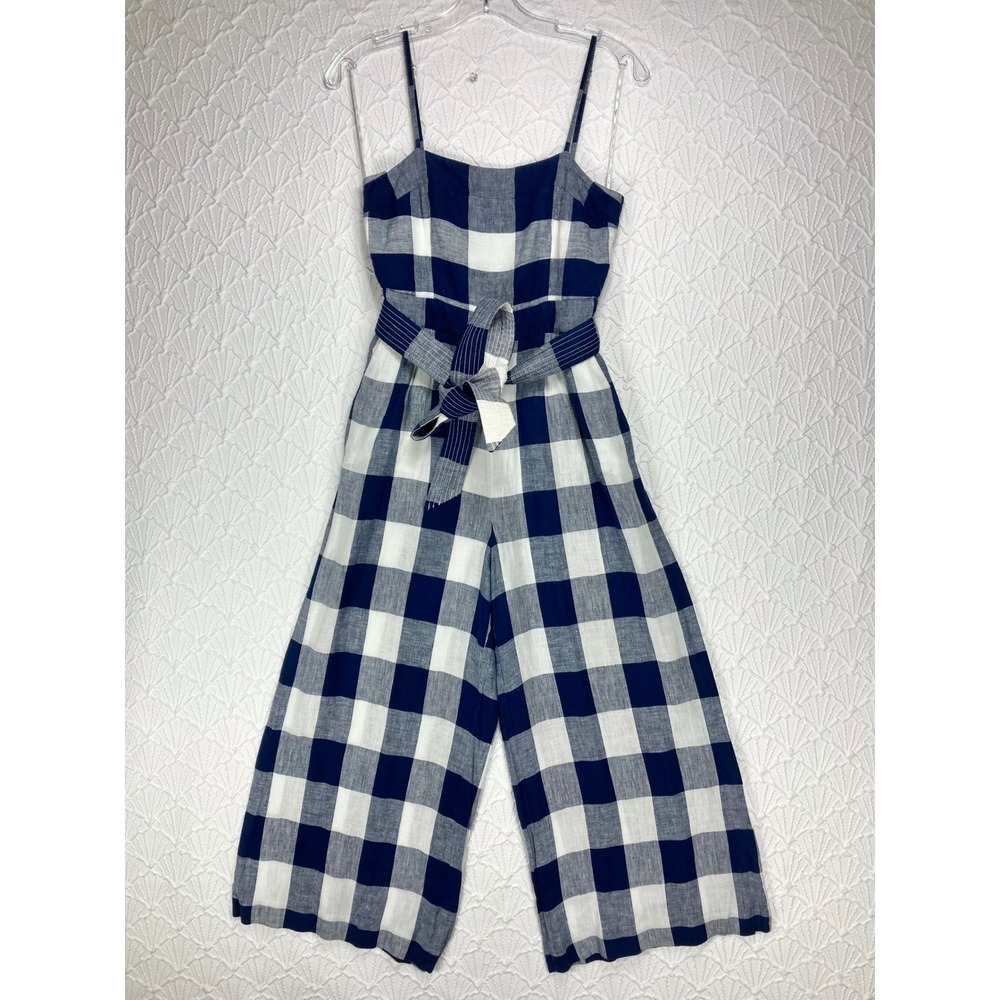 J. Crew Gingham Linen Wide Leg Jumpsuit Women S Navy Ivory Summer Coastal Vacay - Picture 3 of 13